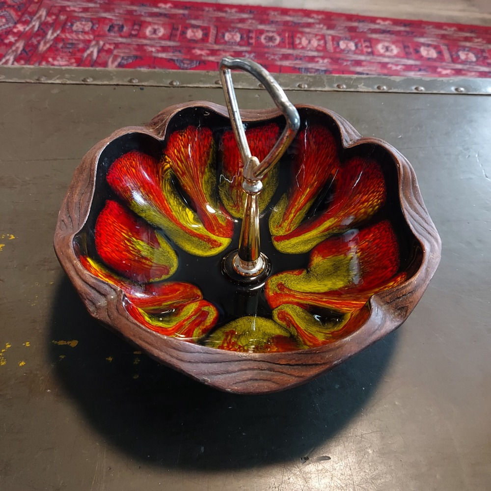 Vintage USA Pottery 712 Lava Glaze Serving Bowl with Handle Mid Century Modern